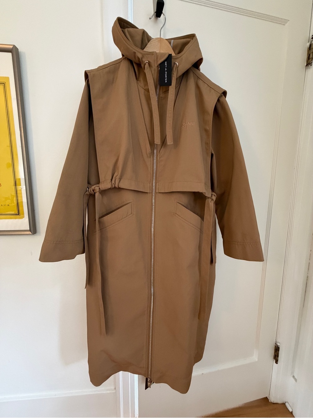 Ganni Camel Hooded Trench Coat orig $495